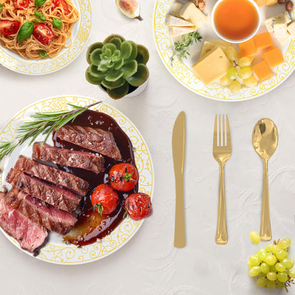 Plastic Plates, GreenElevate 150 Pieces Disposable Plates Plastic Dinnerware Set for 25 Guests: 25 Dinner Plates, 25 Dessert Plates, 25 Forks, 25 Spoons, 25 Knives, 25 Cups, Gold Party Plates