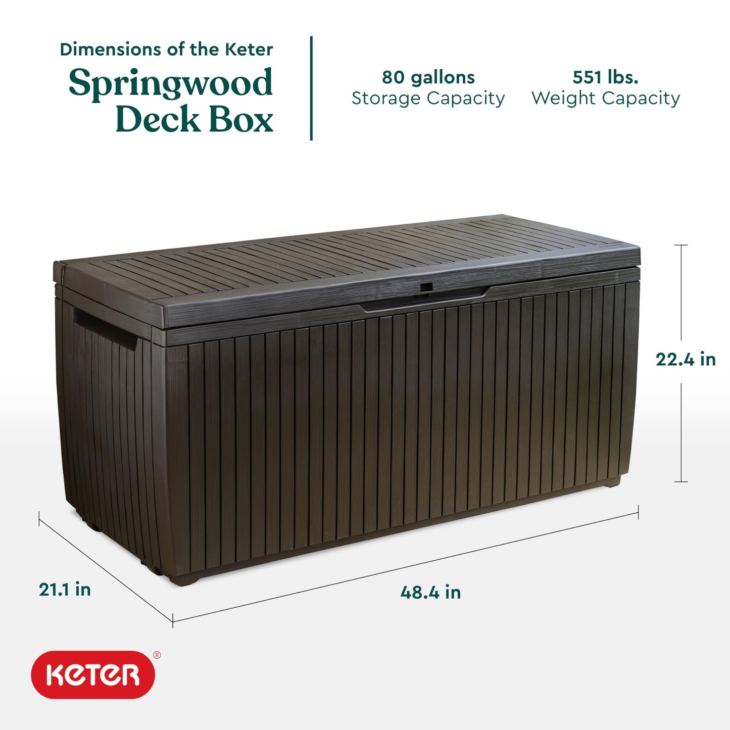 Keter Springwood 80 Gallon Resin Outdoor Storage Box for Patio Furniture Cushions, Pool Toys, and Garden Tools with Handles, Brown