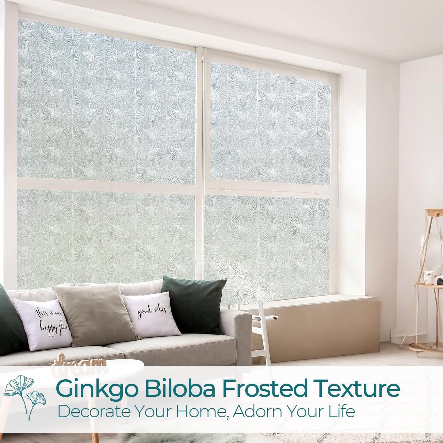 Windimiley Privacy Window Film Frosted Glass Window Cling Bathroom Peel and Stick Sun Blocking Decorative Ginkgo Opaque Door Window Tint for Home，17.4x78.7in
