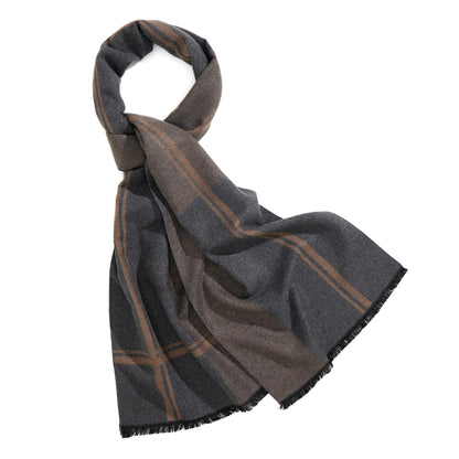 TAMOUKOC Men's Winter Warm Scarf, Premium Cashmere Feel, Luxuriously Soft Long, Plaid Pattern (Grey/Khaki)