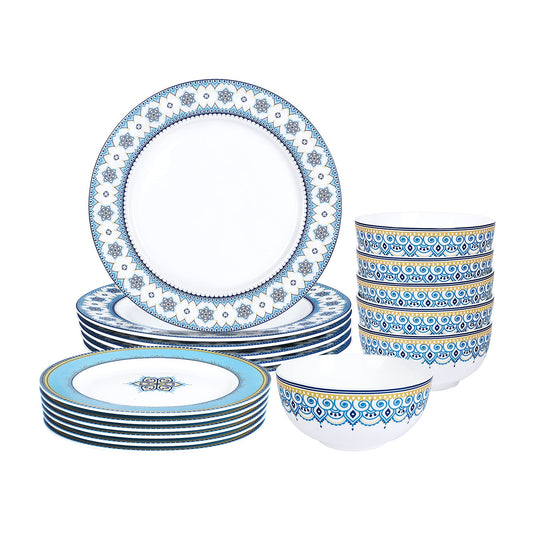 fanquare 18 Piece Porcelain Dinnerware Service for 6, Cloud Grain Painted Bowls, Dishes, Bright Blue Dinner Set