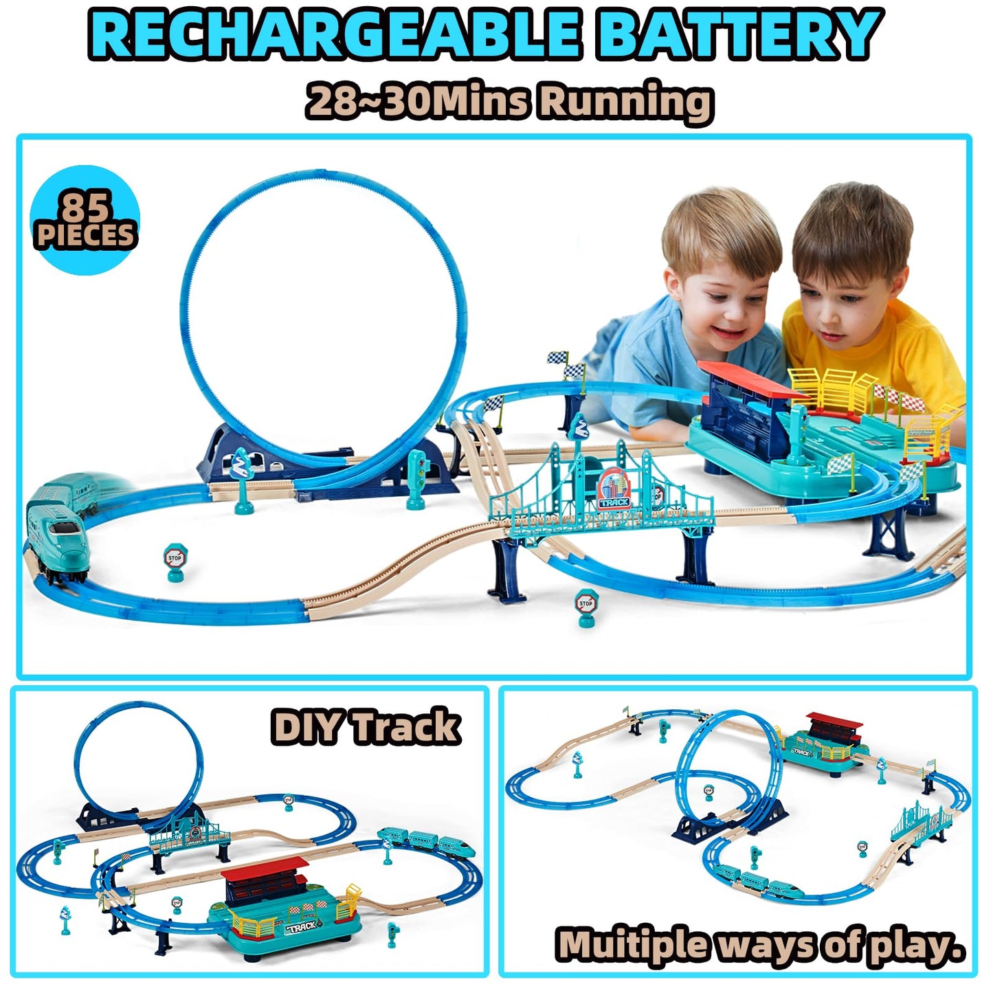 Electric Train Sets, Christmas Trains Toys Rail Head, Passenger Carriages, Tracks, Light & Sounds Rechargeable 360° Transformed DIY Train Track Set Birthday Gifts for Boys Girls