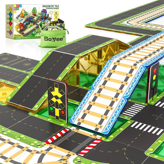 90PCS Magnetic Tile Road Toppers Playset for Kids