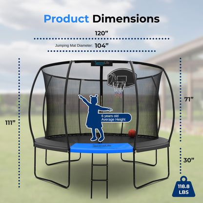 SereneLife 10ft Trampoline for Kids - Outdoor Recreational Backyard Trampoline with Net Enclosure, Basketball Hoop, Curved Safety Poles, UV-Tested Mat, Water-Resistant Padding, Up to 330 lbs.
