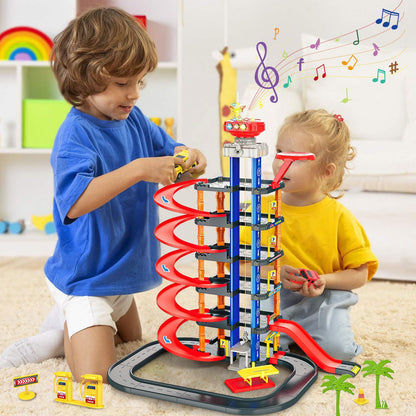 COVTOY Parking Garage Toy Playset,Race Car Track Toy with Sounds and Lights Effect,Toy Car Parking Garage with Cars and Helicopter,Car Toys Birthday Gifts for Boys 3 4 5 Year Old