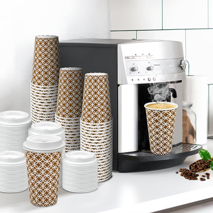 Ginkgo 100 Pack Disposable To Go Coffee Cups with Lids 16 oz, Brown Minimalist Pattern Paper Hot CoCoa Cups Suitable for Travel, Party, Shops Cafes