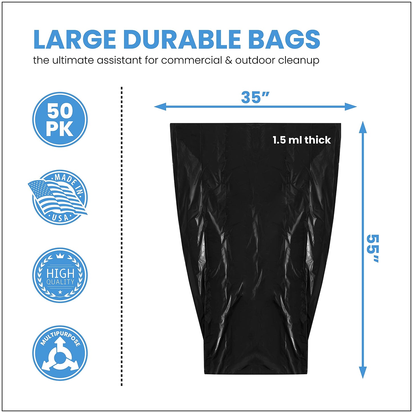 ToughBag 55 Gallon Trash Bags, 55-60 Gallon Trash Bags Heavy Duty (50 COUNT) - Large Black Trash Bags, 50-60 Gallon Garbage Bags for Contractors, Commercial, and Lawn, 35 x 55" - Made in USA