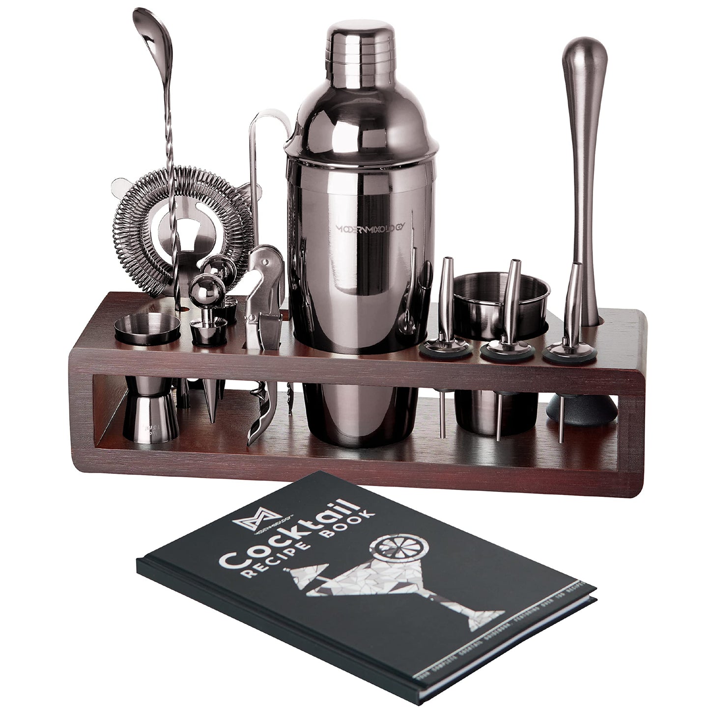 Modern Mixology Cocktail Shaker Set - 24 Piece Stainless Steel Bartender Drink Kit & Stand for Home Bar, Perfect for Drink Mixing at Home, Plus Cocktail Recipe Book