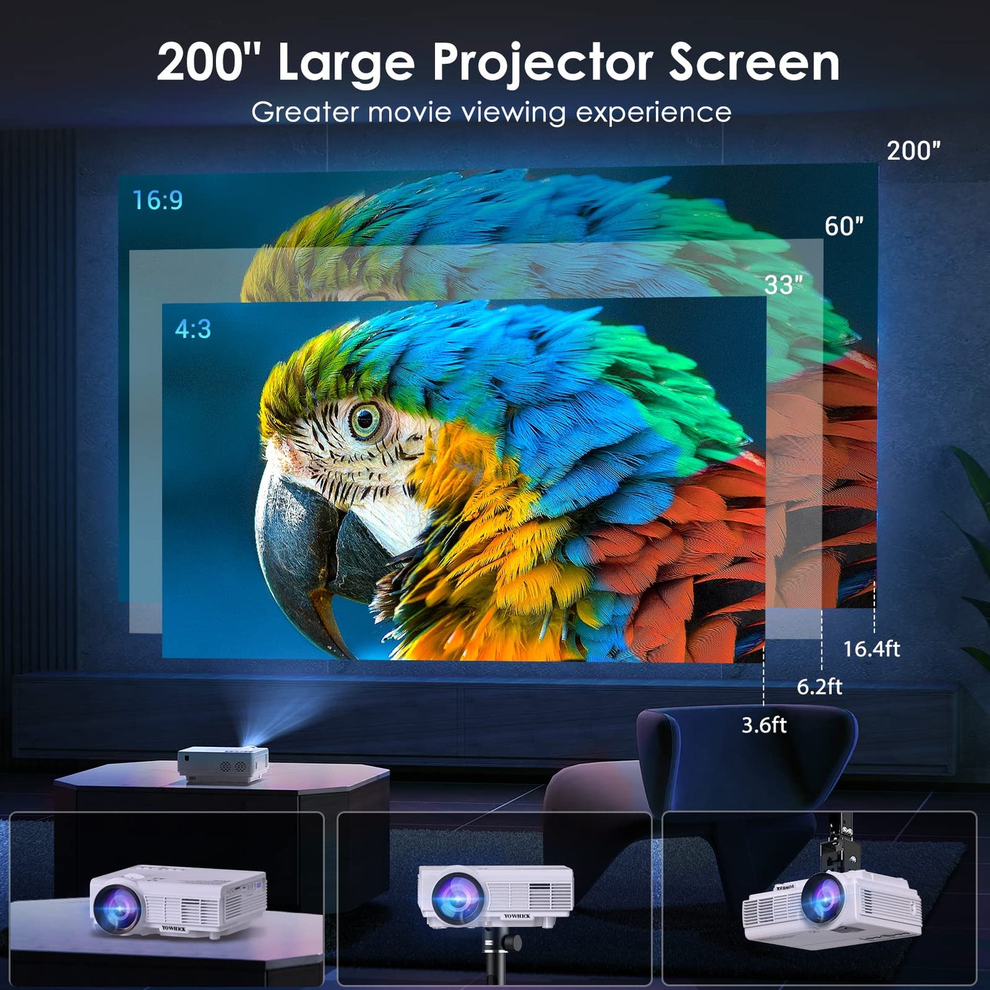 Projector with WiFi and Bluetooth, 5G WiFi Native 1080P YOWHICK Outdoor Projector 4K Support, Mini Portable Movie Projector with Screen, for HDMI, VGA, USB, Laptop, iOS & Android Phone