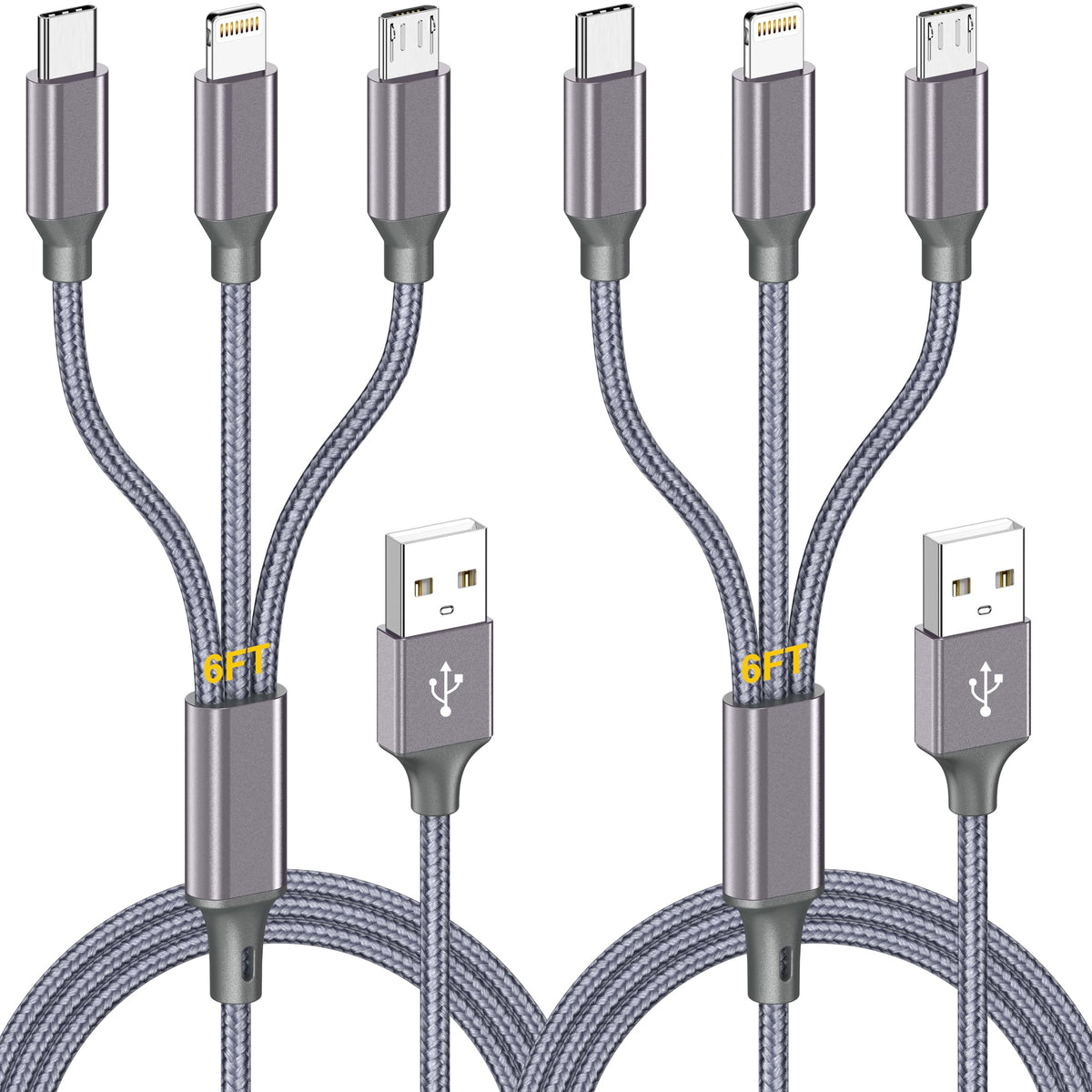 2 Pack 6ft 3-in-1 Multi USB Charging Cable