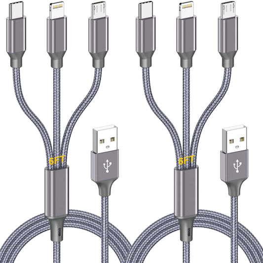 2 Pack 6ft 3-in-1 Multi USB Charging Cable