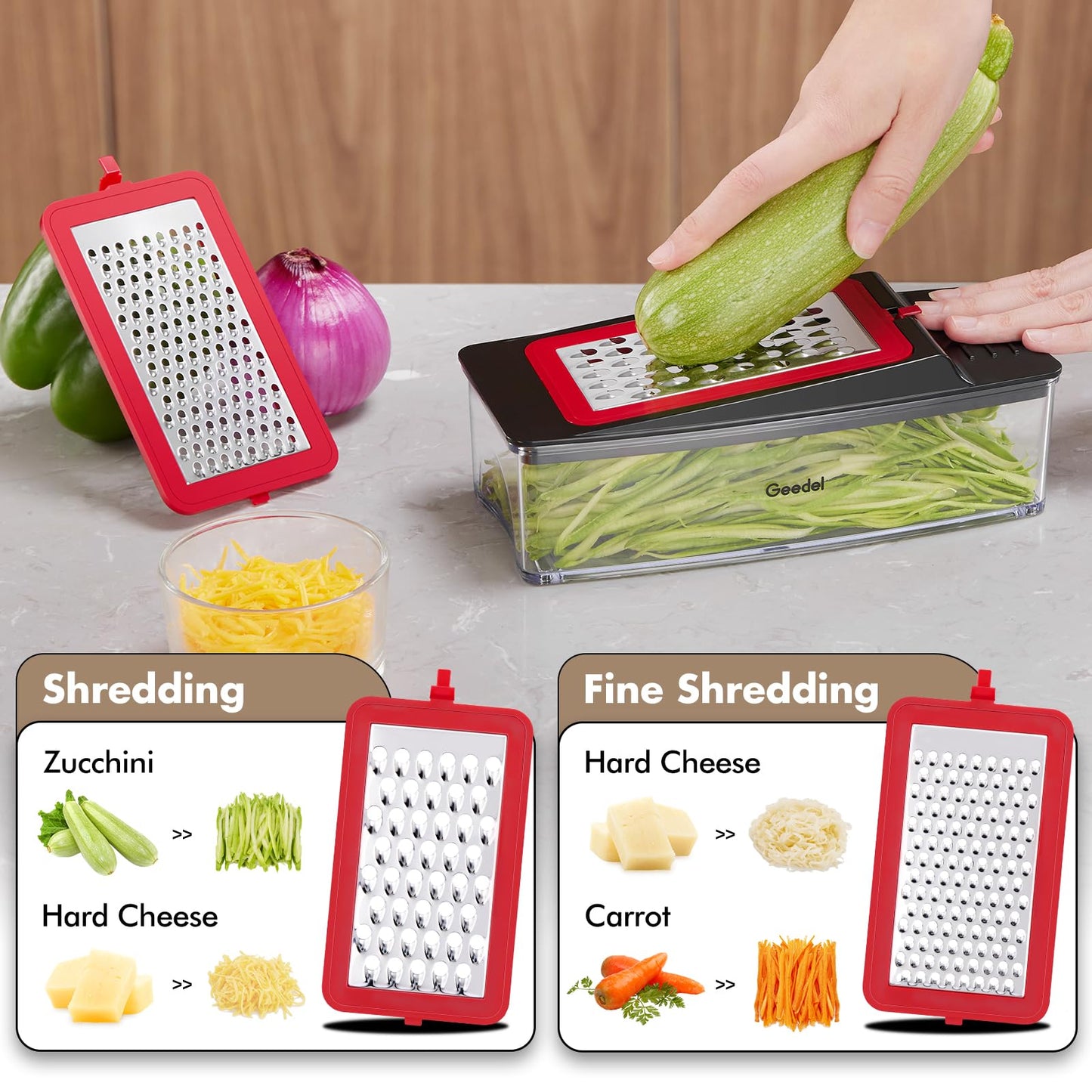 Geedel Vegetable Chopper, Onion Chopper Pro Food Chopper, Kitchen Vegetable Slicer Dicer Cutter Grater, Veggie Chopper with container for Salad Onion Potato Carrot (4 in 1, Red)