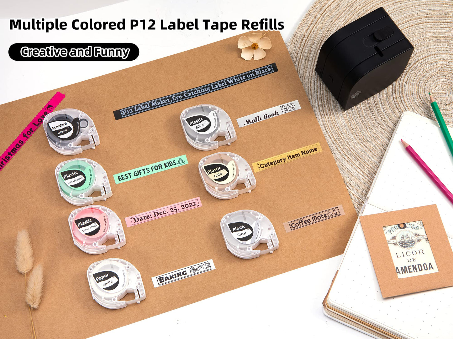 Zodzi P12 Pro Label Maker Machine with Tape, Inkless Thermal Portable Label Printer, Bluetooth Label Maker Support Ribbon Labels, Fabric Iron-on labels for Home, School, Office Labeling, Gifts