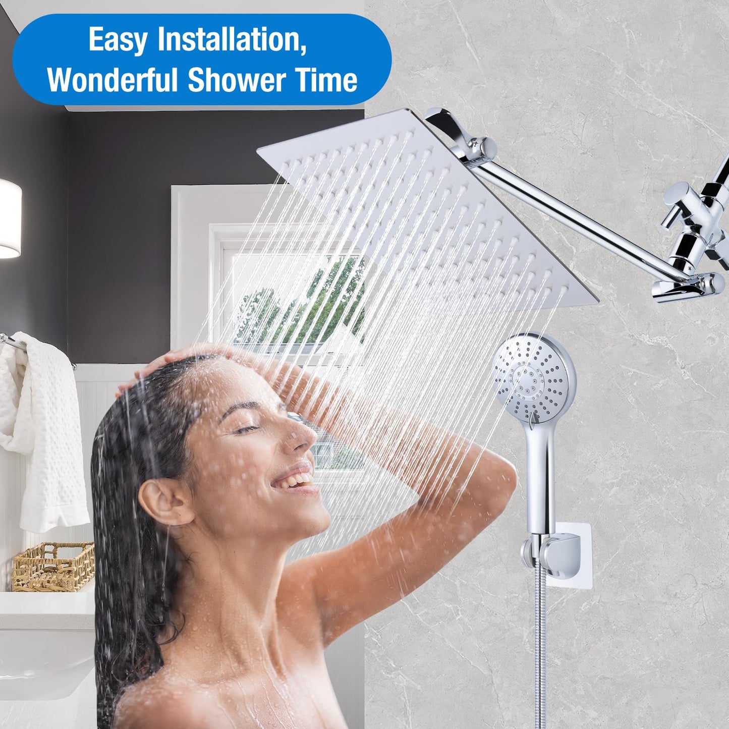 Qomolangma Dual Shower Heads with Handheld Spray Combo, 8 Inch High Pressure Rainfall Shower Head with 11" Extension Arm, 5 Settings Powerful Handheld Spray with 60" Long Hose & Holder