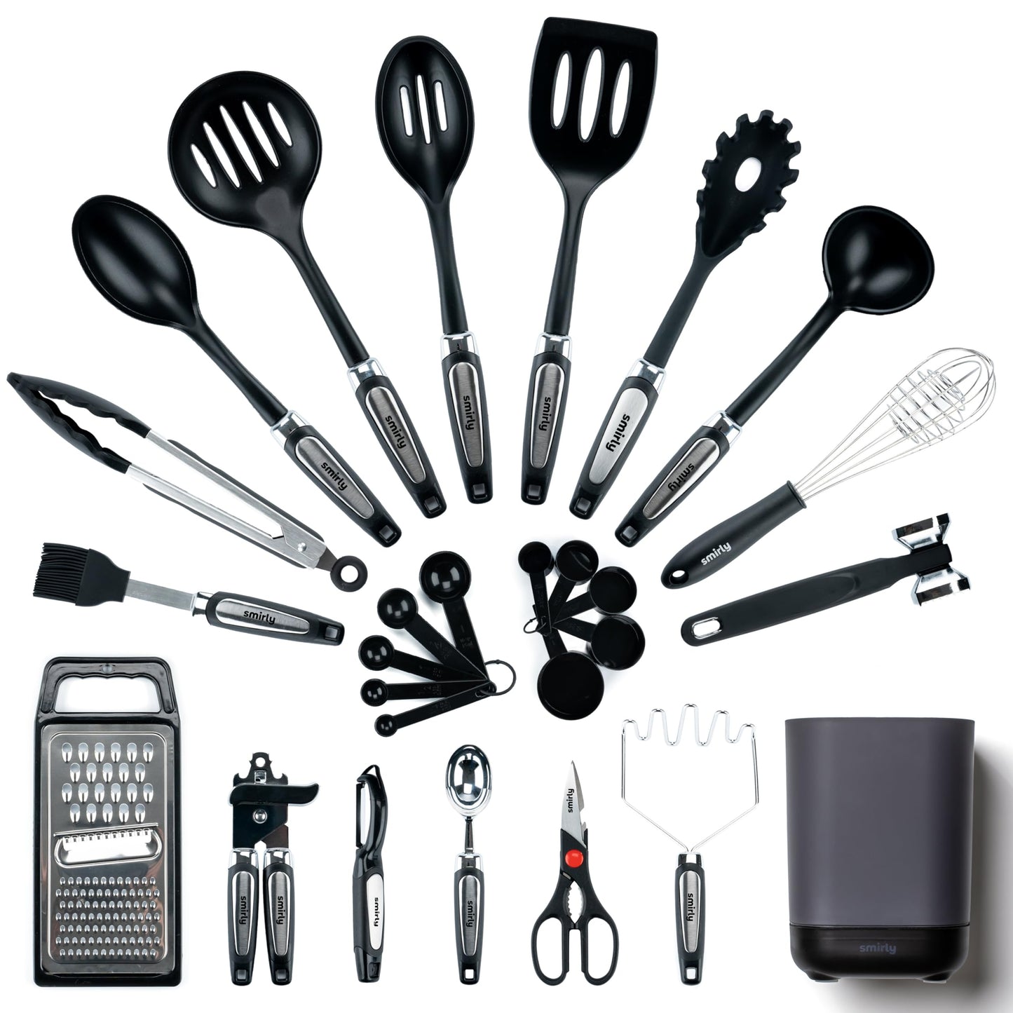 Silicone Kitchen Utensils Set & Holder: Cooking Utensils Set - Kitchen Essentials for New Home & 1st Apartment- Silicone Spatula Set, Cooking Spoons for Nonstick Cookware (Stainless Steel, Black)
