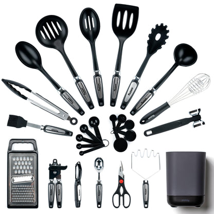 Silicone Kitchen Utensils Set & Holder: Cooking Utensils Set - Kitchen Essentials for New Home & 1st Apartment- Silicone Spatula Set, Cooking Spoons for Nonstick Cookware (Stainless Steel, Black)