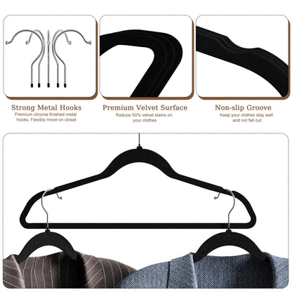 GETORO Velvet Hangers 30 Pack with 10 Plastic Hangers, Non Slip Clothes Hangers, Slim Felt Hangers, Black Velvet Hanger for Closet, 30 Black/10 Black