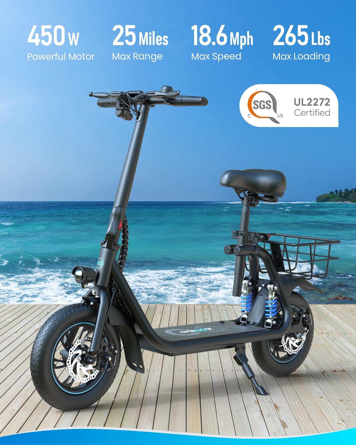 Gyroor C1 PRO 450W Electric Scooter with Dual Shock Absorbers for Adult,Up to 25 Miles 18.6MPH,12" Commuter Electric Scooter with Basket-Black