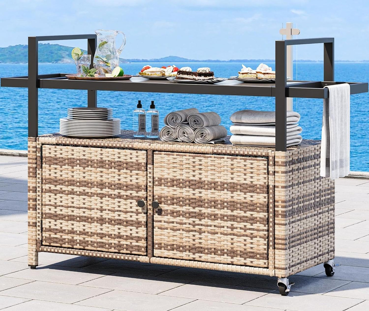 YITAHOME Outdoor Kitchen Rolling Cart with Glass Top