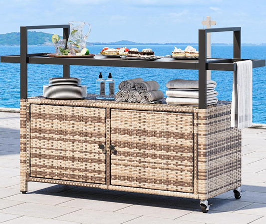 YITAHOME Outdoor Kitchen Rolling Cart with Glass Top