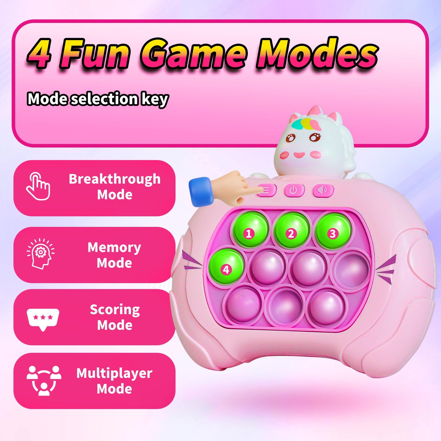Fast Push Bubble Game,Rainbow Pop Fidget Toys for Kids, Handheld Light Up Popping Game with 4 Game Modes Funny Toys, Gift Idea for 6-12 8-12 Kids Puzzle Game Sensory Toys (Pink Uni-Corn)