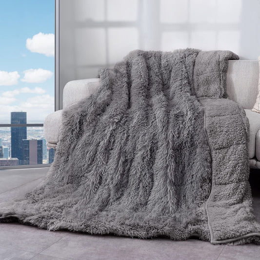 Cottonblue Faux Fur Reversible Sherpa Weighted Blanket 15lbs,Luxury Snugly Long Fur Warm Heavy Blanket 60x80 inches,Super Soft Fuzzy Fleece Blanket for Cold Days,Gray