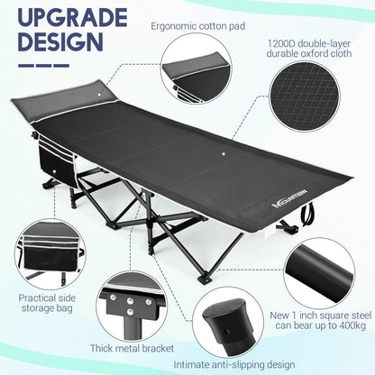 Nictemaw Folding Camping Cot for Adults, Max Load 900 LBS Heavy Duty Sleeping Cots with Carry Bag and Velvet Cot Pad for Camp, Home, Office, Outdoor, Black (Newest)