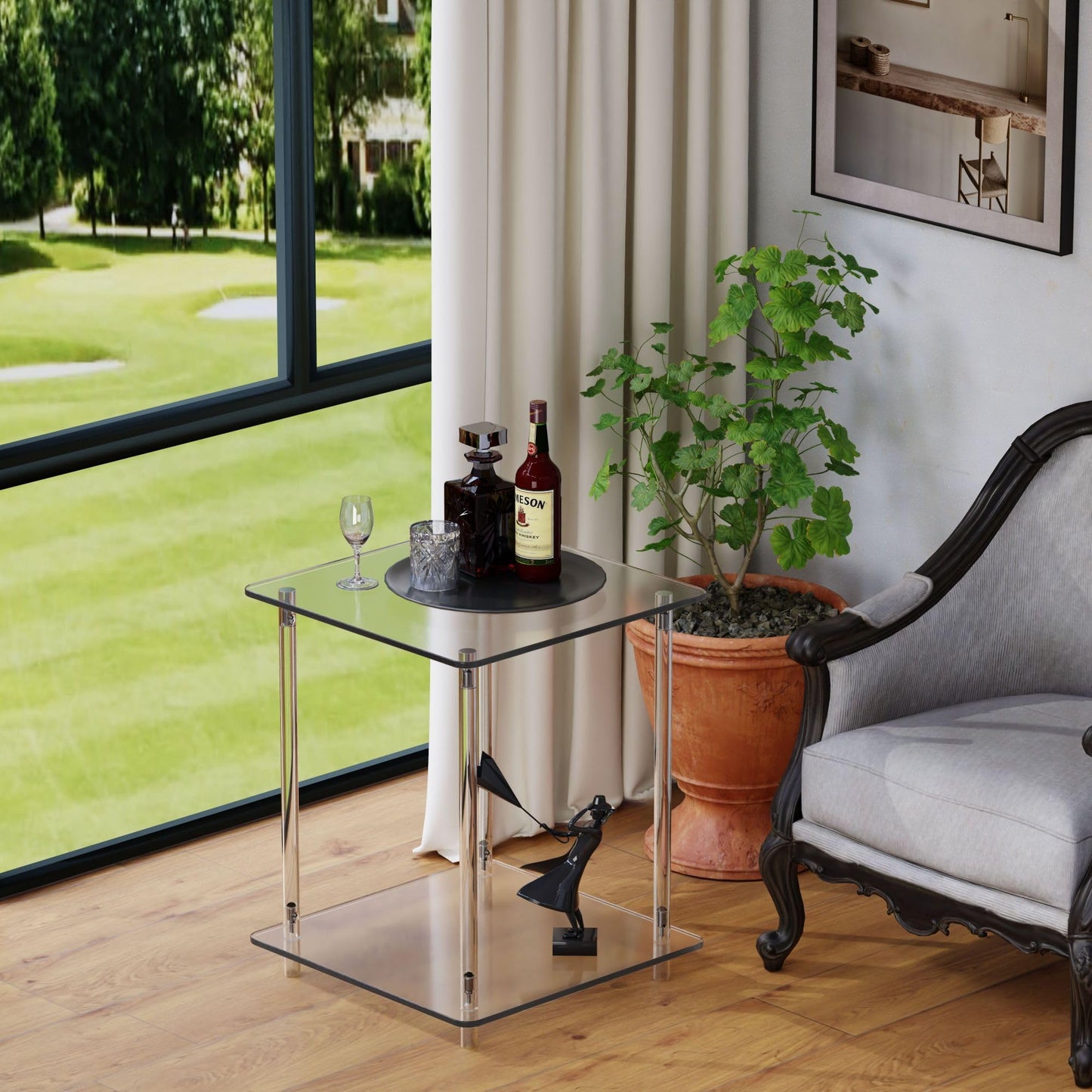 Homcred Square Side Table,Screwless Acrylic Side Table,19" L x 19" W x 23" H,Rapid 10-Second Setup,End Table,Nightstand,Coffee Table for Outdoor,Living Room,Bedroom,2-Tier, Clear