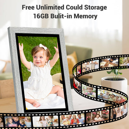 10.1 Inch WiFi Digital Picture Frame, IPS Touch Screen Smart Cloud Photo Frame with 16GB Storage, Auto Rotate, Wall Mountable, Easy Setup to Upload Photos/Videos via FRAMEO App (Wooden)