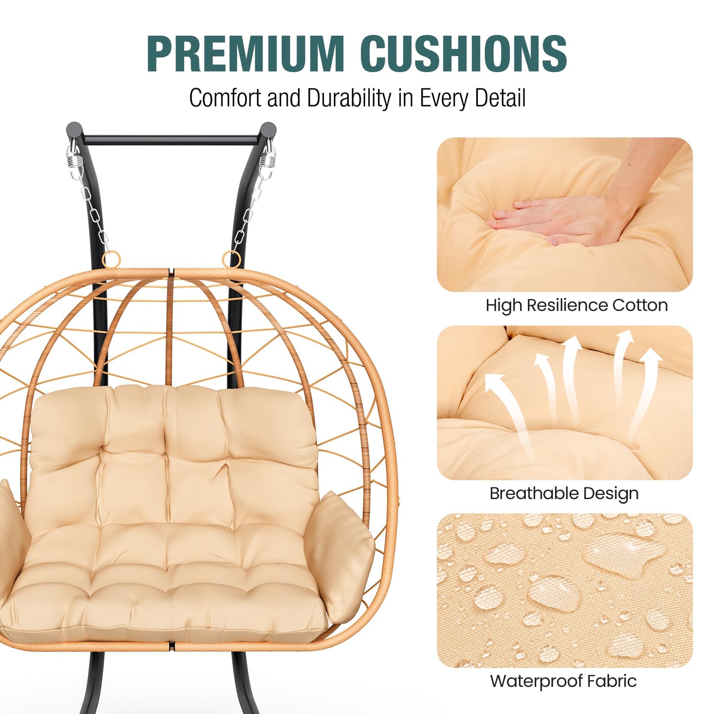 Pamapic Double Swing Egg Chair,Love Seat Proch Swing Egg Chair, 700 LBS Hanging Egg Chair with UV Resistant Wicker, Patio Furniture Waterproof Cushions Hammock Chair with Stand and Armrest, Beige