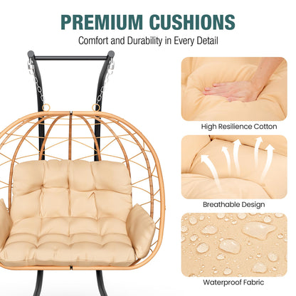 Pamapic Double Swing Egg Chair,Love Seat Proch Swing Egg Chair, 700 LBS Hanging Egg Chair with UV Resistant Wicker, Patio Furniture Waterproof Cushions Hammock Chair with Stand and Armrest, Beige