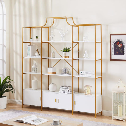 SPOFLYINN 78'' Triple Wide 4 Tiers Modern Bookcase Bookshelf with Storage Cabinet Extra Large Easy Assembly X Bar Frame Book Toy Organizer for Home Office Gold+White One Size