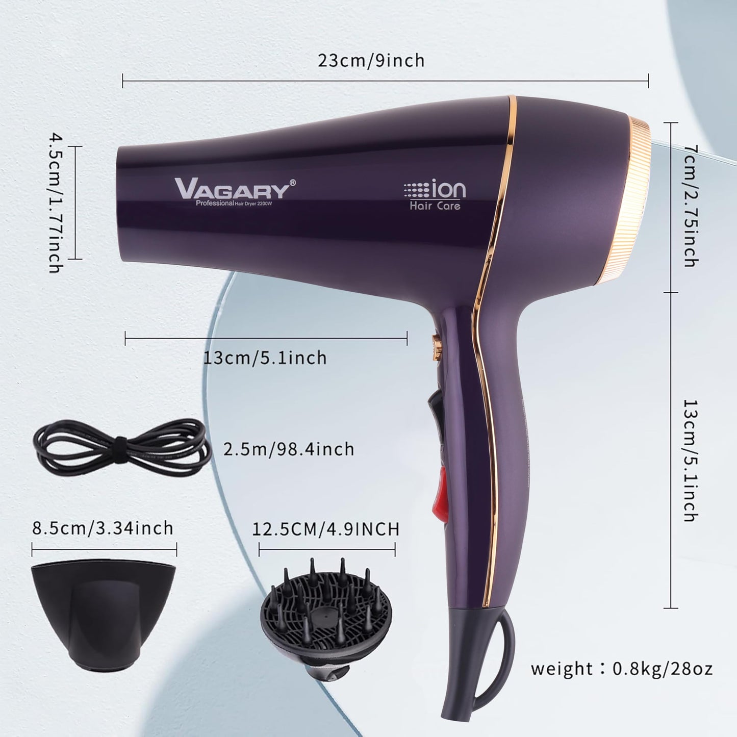 VAGARY 2200W Ionic Hair Dryer with Diffuser