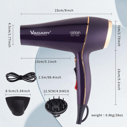 VAGARY 2200W Ionic Hair Dryer with Diffuser