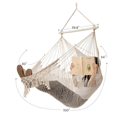 HBlife Hammock Chair Max 330 LBS Macrame Hanging Chair with Portable Metal Rod Handwoven Cotton Rope Hammock Swing for Bedroom Beige, Large