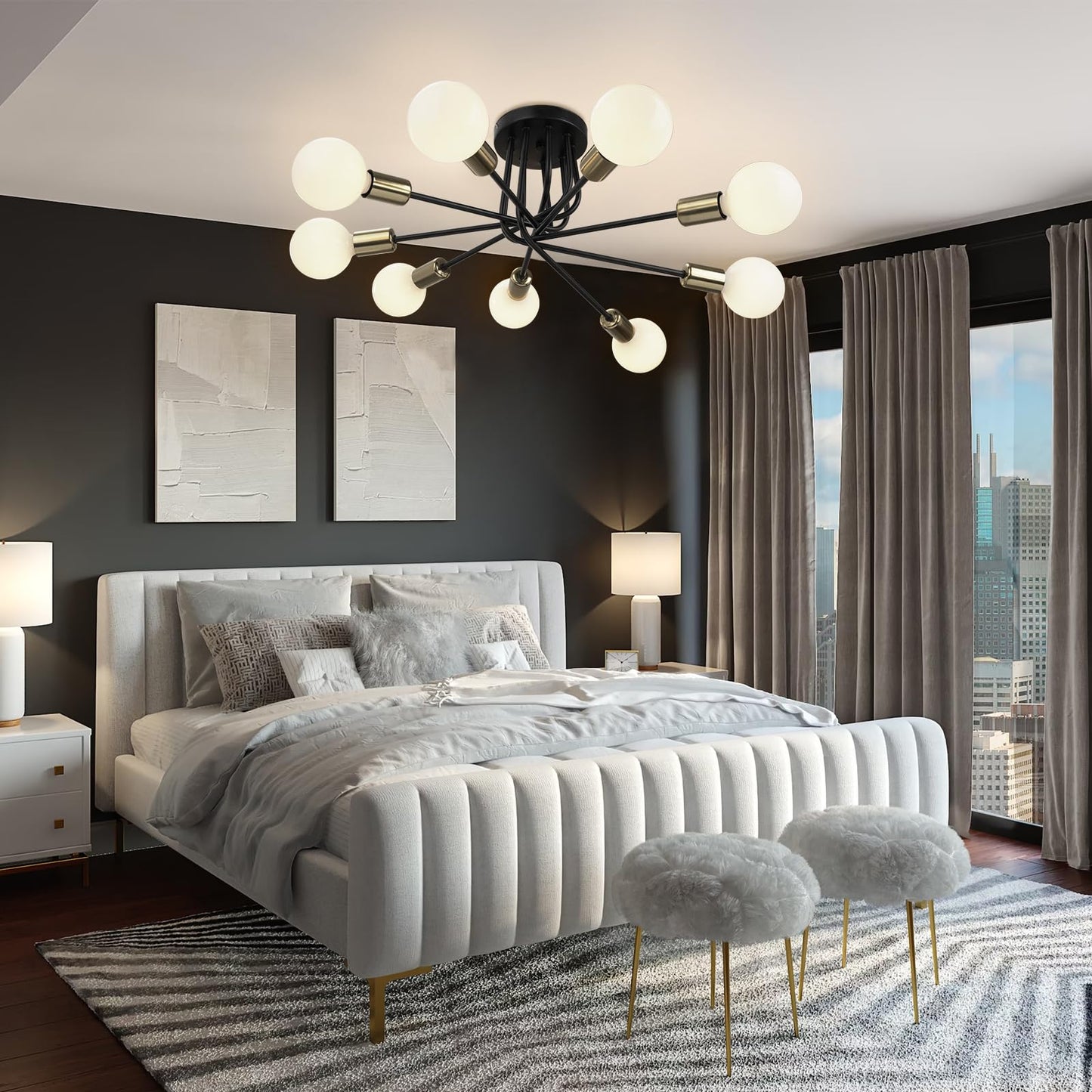 FRIDEKO HOME Modern Sputnik Ceiling Light- 9 Light Semi Flush Mount Ceiling Light Fixture Industrial Ceiling Lamp Black and Gold Chandelier for Farmhouse Kitchen Dining Room Bedroom Living Room