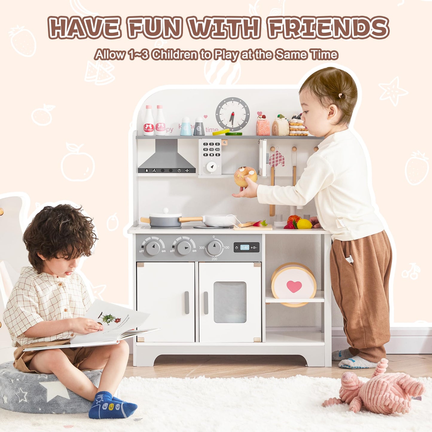 Play Wooden Kitchen Sets for Kids, Toddler Kitchen Playset, Chef Pretend Kitchen with Plenty of Play Features, Toy Kitchen with Toy Food & Cookware Accessories, Gift for Boys Girls