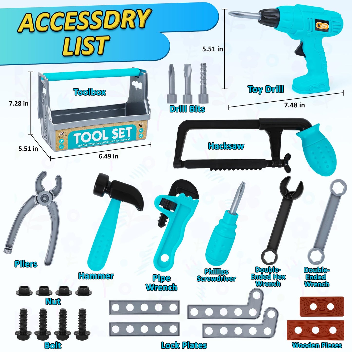Kids Tool Set - Pretend Play Toy Tool with Tool Box, Toddlers Toy Drill Construction Tool Accessories Gift for Toddlers Boys Aged 3 4 5 6 7