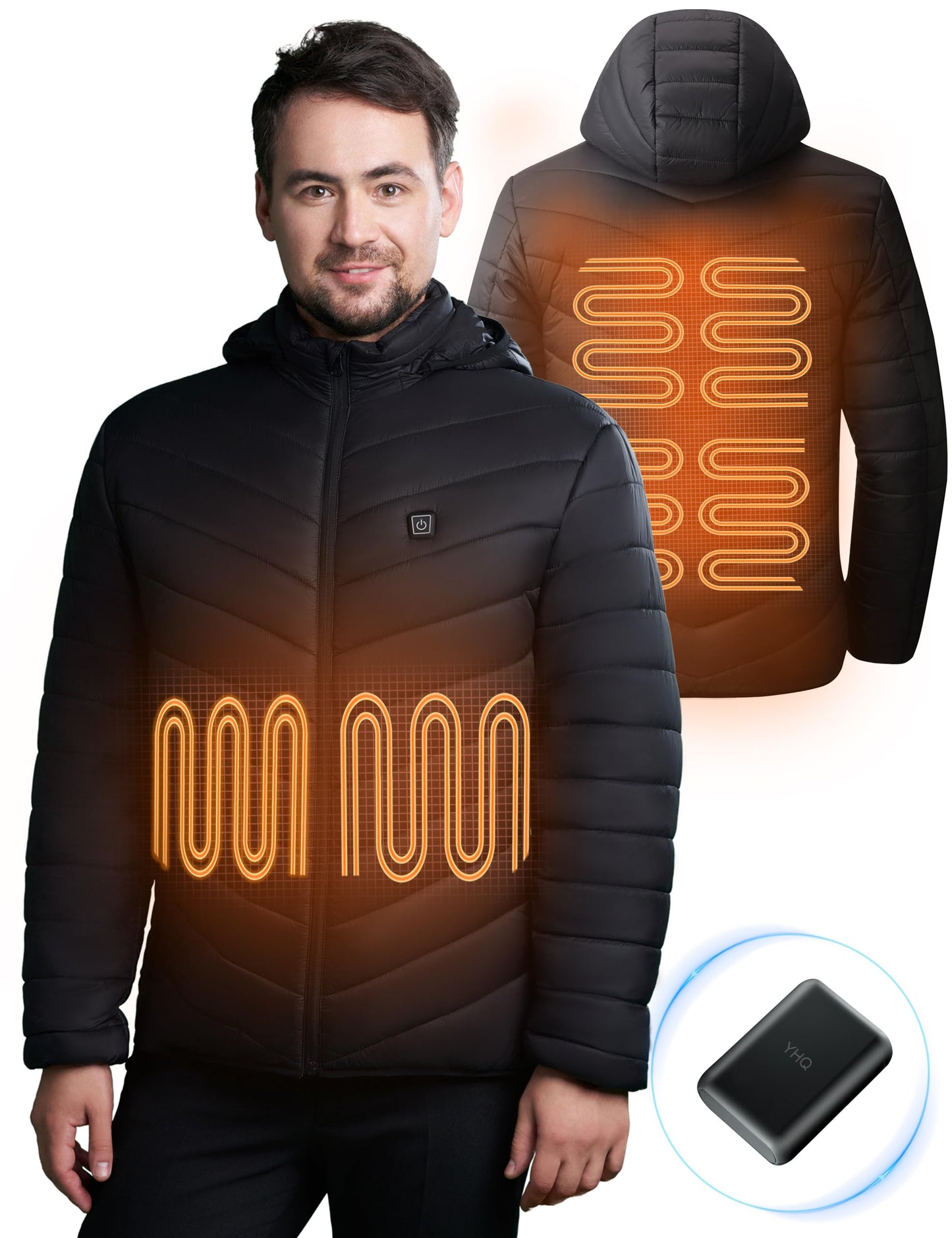 YHQ Heated Jacket with 12V 20000mAh Battery Pack, 6 Heating Zones, Heated Jackets for Men Ideal for Winter Cycling, Skiing, Camping and Fishing S Black
