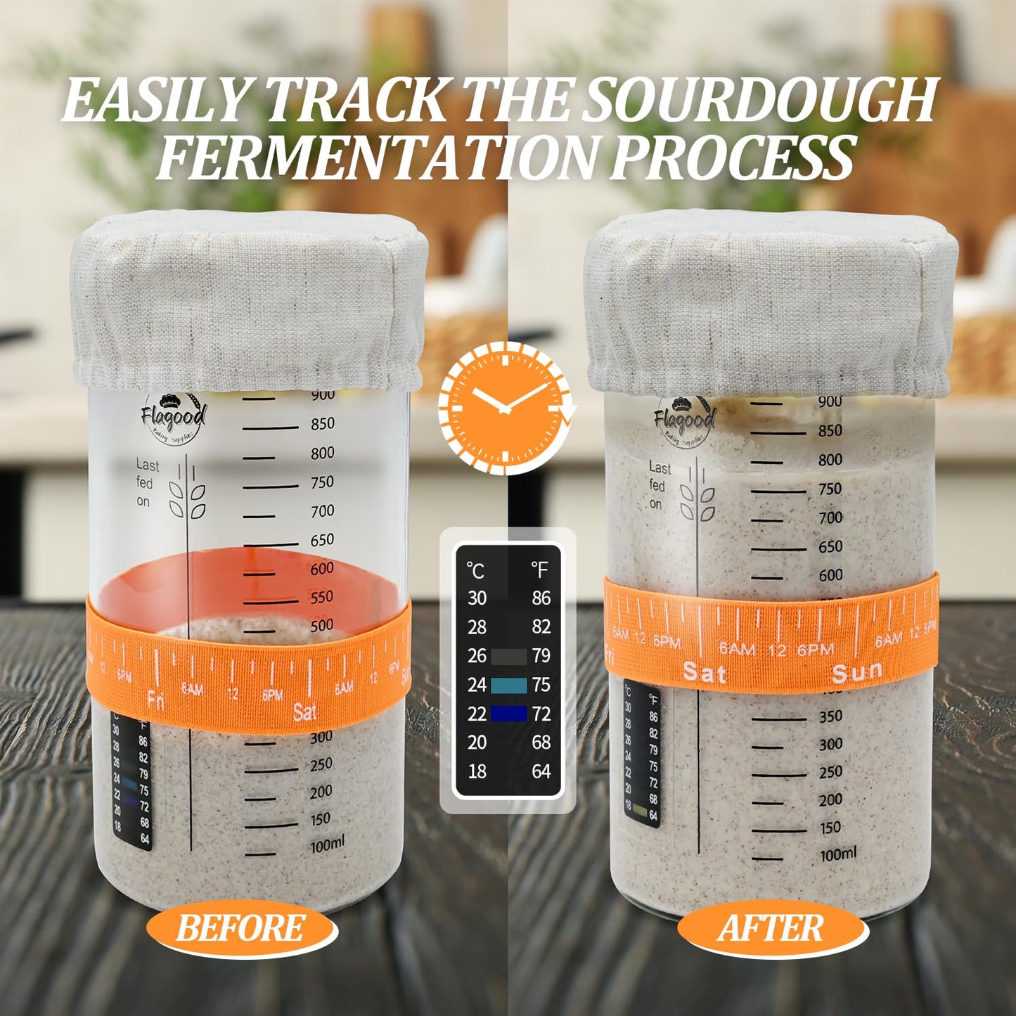 Sourdough Starter Jar-34oz/1000ml, Sourdough Starter Kit With Glass Jar,Thermometer Strips,Date Marked Feeding Band,Silicone Scraper,Cloth Cover & Lid,Sourdough Bread Baking Supplies for Beginners