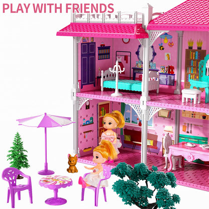 TEMI 10-Room Dollhouse Playset with Dolls and Furniture