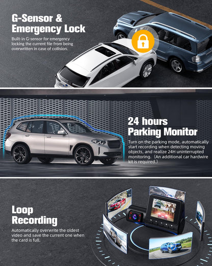 Dash Camera for Cars,4K Full HD Dash Cam Front and Rear Inside, Dashcam with Night Vision with Free 32GB Card,Built-in Loop Recording,Accident Lock,G-Sensor,WDR,24H Parking Monitor - (S6)