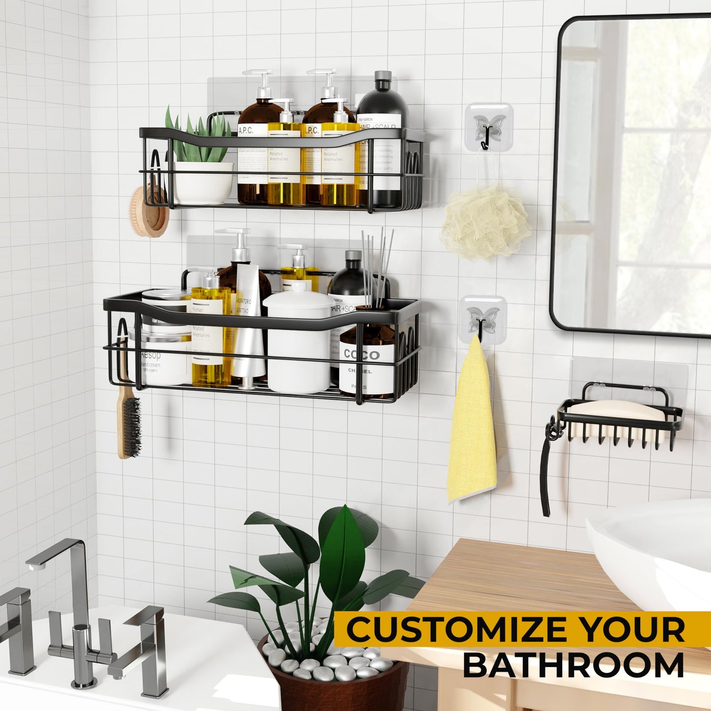 MAYRO Shower Shelves 5 Pack - Rustproof Shower Caddy - Easy to Install - Self Adhesive Bathroom Shower Organizer - Durable Shower Shelf for Inside Shower - Large Capacity Black Shower Rack