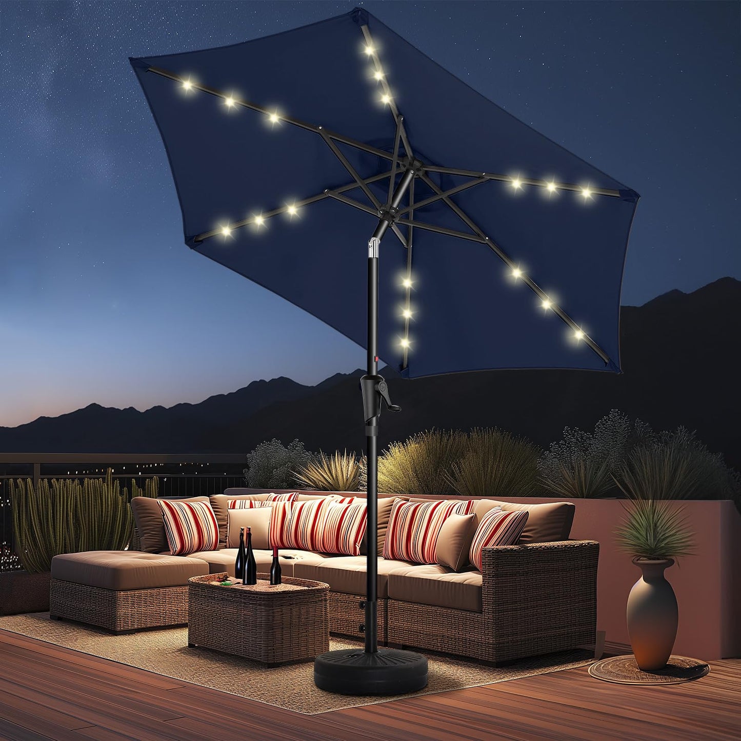 HOMSHADE 7.5ft Solar Patio Umbrella - Solar Lights LED Lighted Outdoor Market Table Umbrella, UPF50+ UV Protection with Push Button Tilt, Crank for Pool Deck and Garden (Navy Blue)