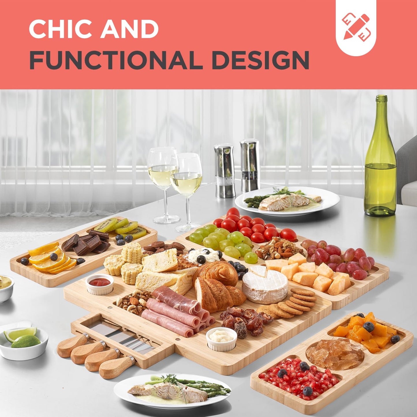 Bamboo Charcuterie Board Set with Knife and Bowl