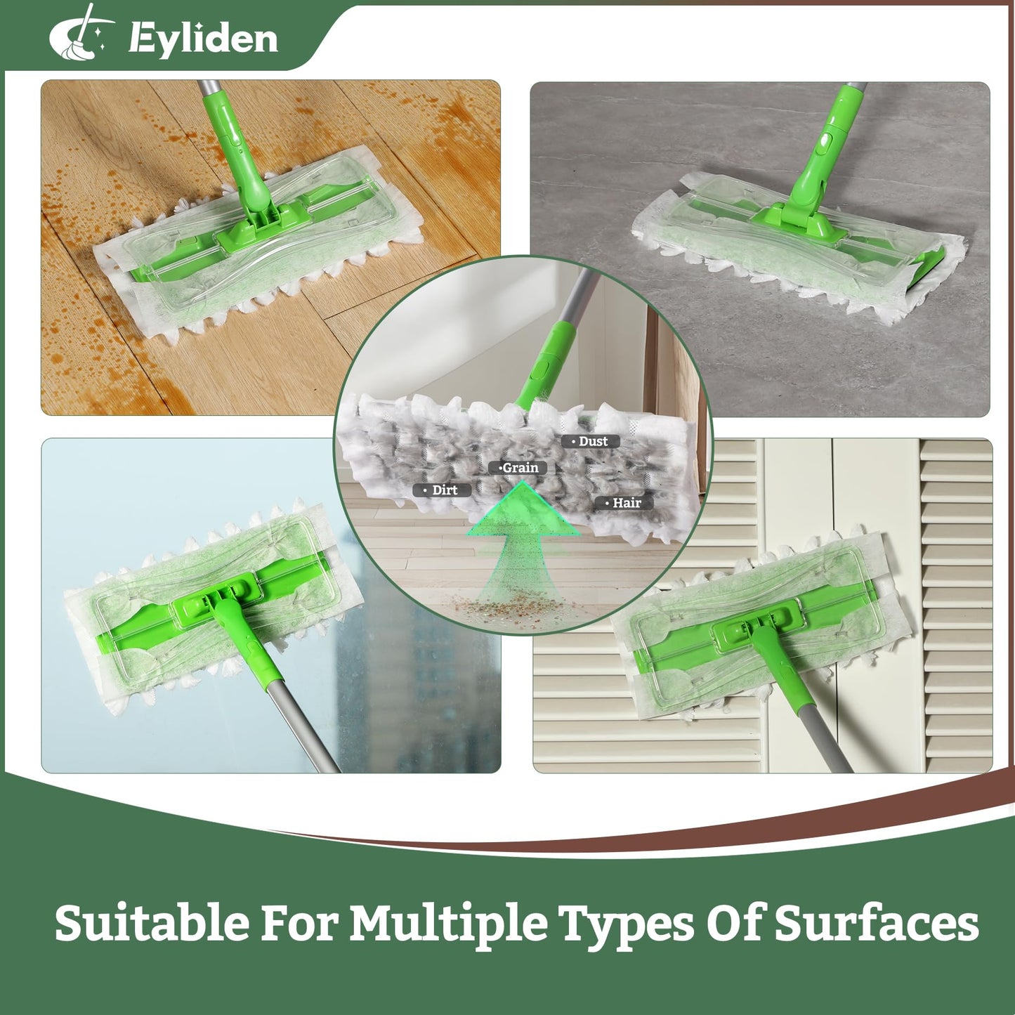 Eyliden Sweeper Mop - Lock Tight Design No Lost Pads - 36 Disposable Dry & Wet Cloths, Dust Mop Starter Kit for Pet Hair, Hardwood Floors, 360 Swivel, Universal Refills, Efficient Floor Cleaning