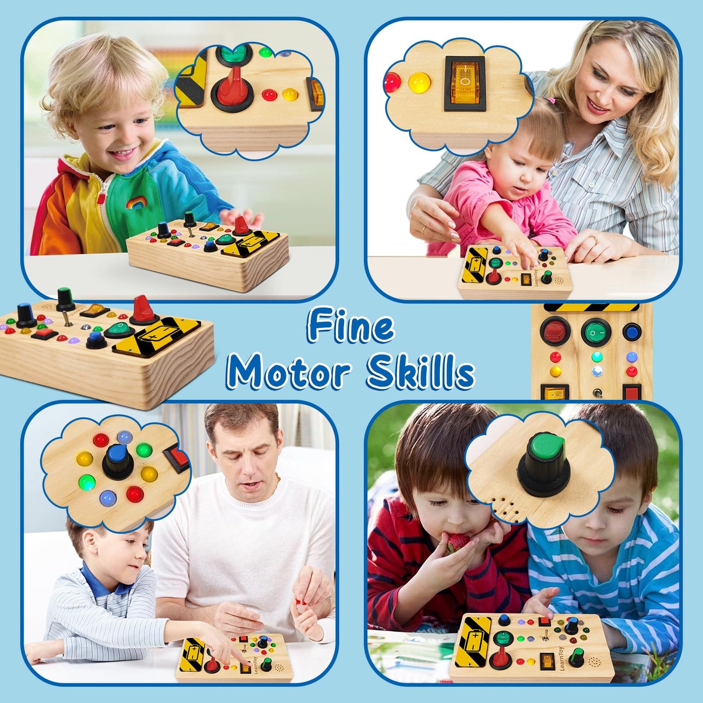 LearnToy Montessori Wooden Busy Board for Toddlers 1-3 Years - Sensory Learning Toy with LED Light Switches & Trumpet Horn - Portable Travel Activity Board for Baby Development