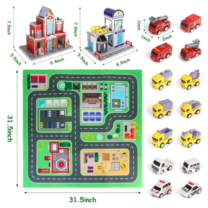 14-Piece Toy Car Playset with Mat & Puzzles