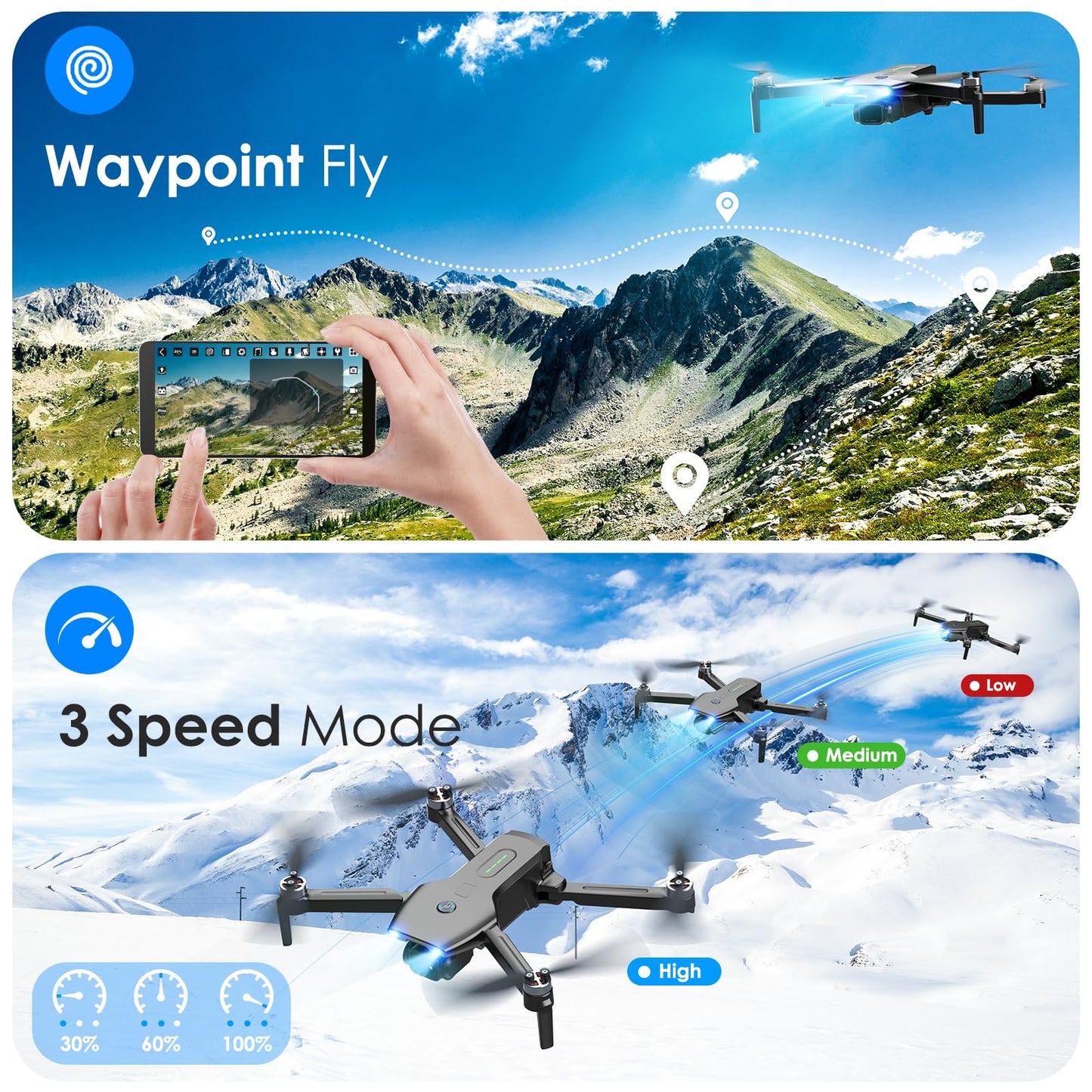 Drone with Camera, Brushless Motor 1080P FPV Drone with 2 Batteries, One Key Take Off/Land, 360 Flips, Waypoint Fly, Altitude Hold, Gravity Control, Foldable Mini Drones for Kids 14+, Beginner