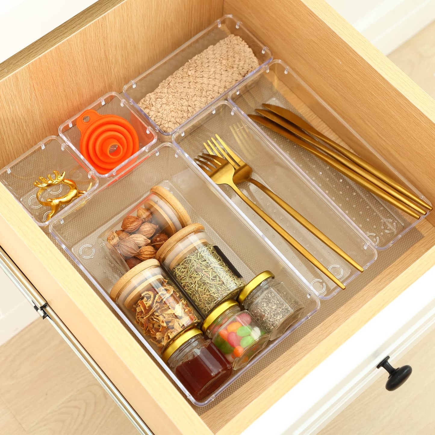 Fixwal 25pcs Clear Drawer Organizers, 4-Size Clear Plastic Drawer Organizers Trays for Makeup, Jewelries, Gadgets, Bathroom, Office, Bedroom